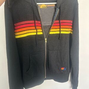 Aviator Nation Celsius Black Zip Hoodie with Rainbow Stripes Small EUC